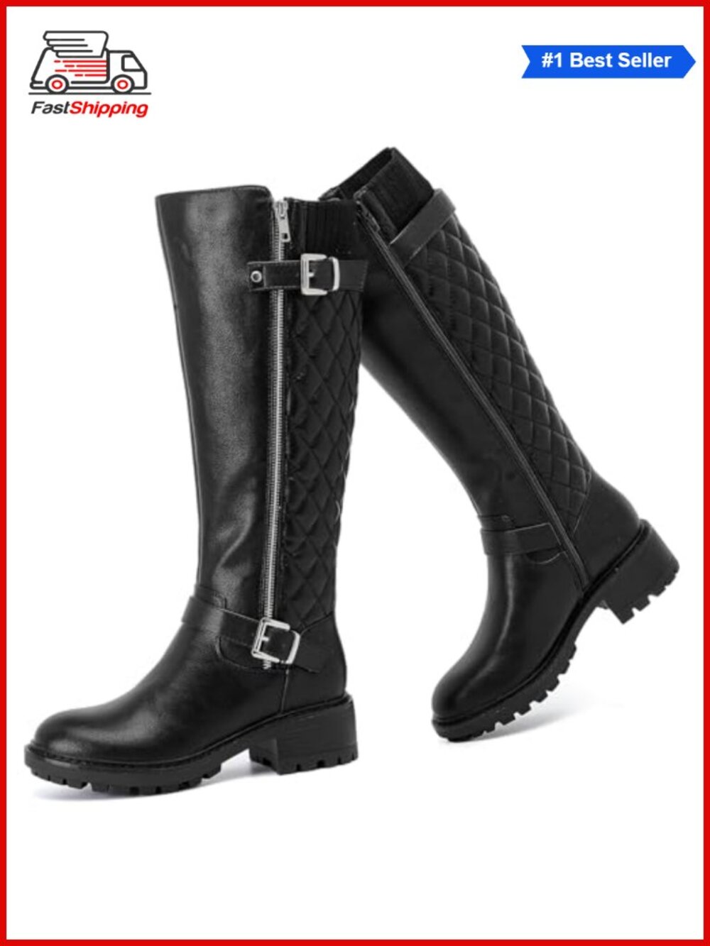 ✨ Knee High Boots Faux Leather Moto Buckle Zip Riding Boots